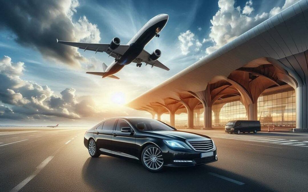 A black sedan outside an airport and an aeroplane flying over it