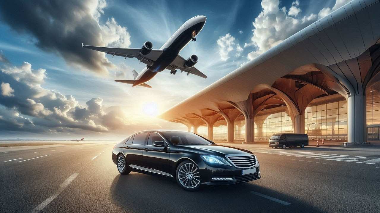 A black sedan outside an airport and an aeroplane flying over it